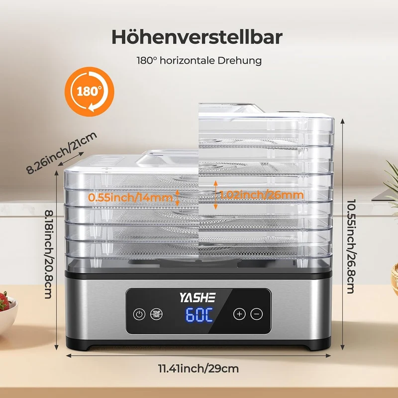Dörrautomat, 5 Edelstahl-Dörrgitter, Einstellbarer Timer & Temperatur, 360° Luftzirkulation, BPA-frei, 400W Dörrgerät für Jerky, Früchte, Kräuter, Hundesnacks