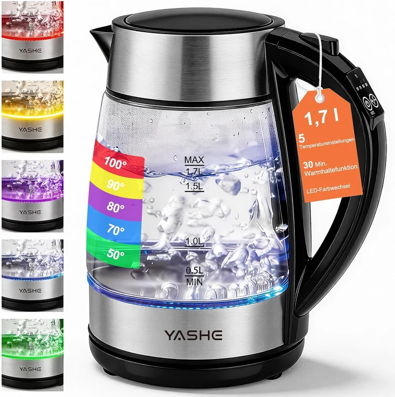 Wasserkocher mit Temperatureinstellung 1,7L 2200W Glas | 5 Temperaturstufen, 5 Farben LED, 30 Min Warmhaltefunktion, Kabellos, Kalkfilter, Abschaltautomatik