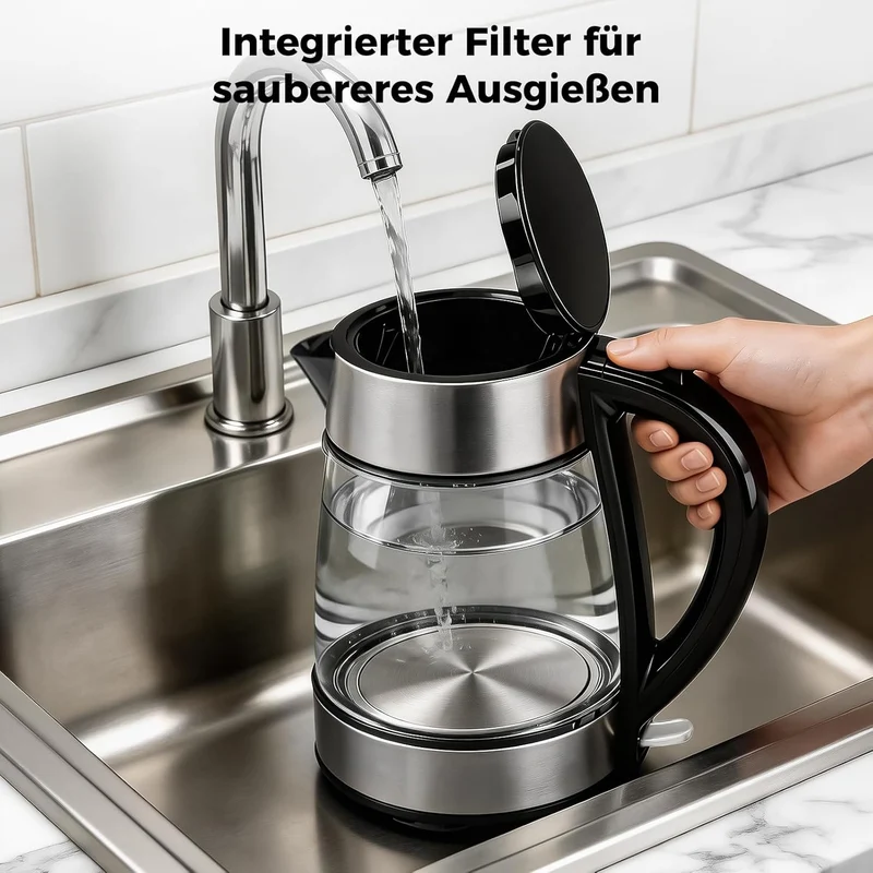 Wasserkocher mit Temperatureinstellung 1,7L 2200W Glas | 5 Temperaturstufen, 5 Farben LED, 30 Min Warmhaltefunktion, Kabellos, Kalkfilter, Abschaltautomatik