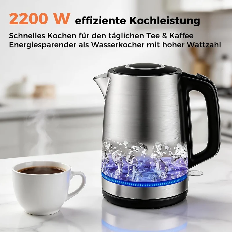 Wasserkocher mit Temperatureinstellung 1,7L 2200W Glas | 5 Temperaturstufen, 5 Farben LED, 30 Min Warmhaltefunktion, Kabellos, Kalkfilter, Abschaltautomatik