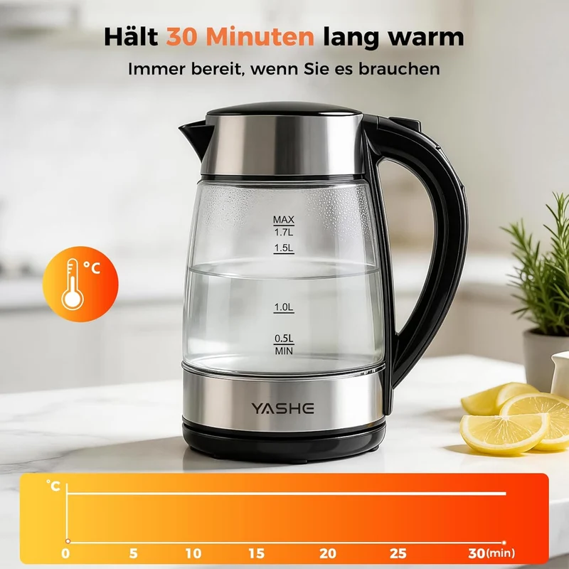 Wasserkocher mit Temperatureinstellung 1,7L 2200W Glas | 5 Temperaturstufen, 5 Farben LED, 30 Min Warmhaltefunktion, Kabellos, Kalkfilter, Abschaltautomatik