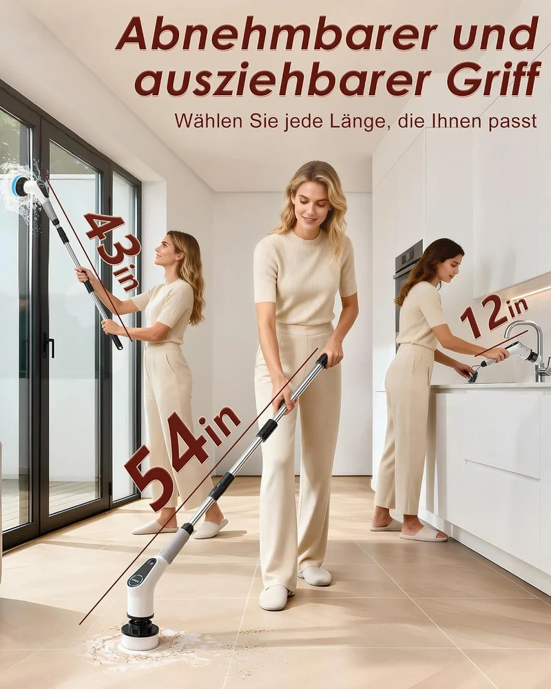 Elektrische Reinigungsbürste, 8 in 1 Electric Cleaning Brush | mit austauschbaren Bohrbürstenköpfen, Wanne mopSet, Elektrische Putzbürste mit Verstellbarem Griff für Bad Küche Auto Fußbode
