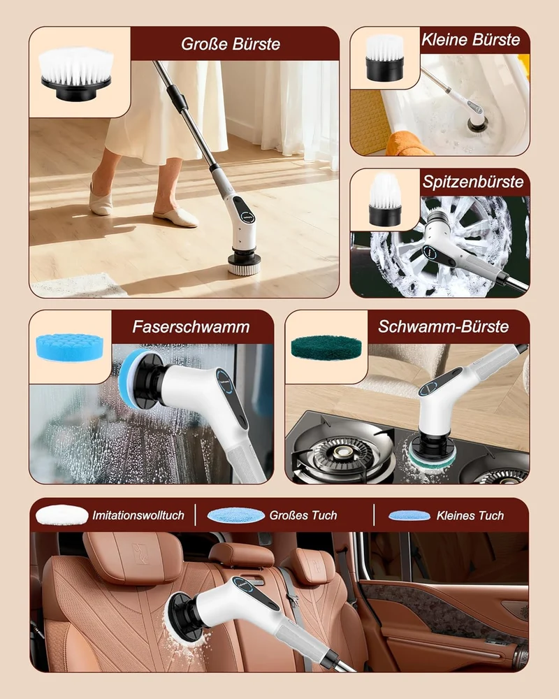 Elektrische Reinigungsbürste, 8 in 1 Electric Cleaning Brush | mit austauschbaren Bohrbürstenköpfen, Wanne mopSet, Elektrische Putzbürste mit Verstellbarem Griff für Bad Küche Auto Fußbode