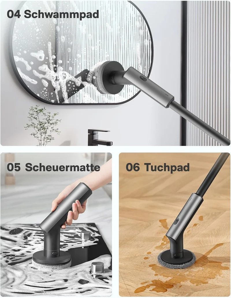 Elektrische Reinigungsbürste, IPX7, Typ-C-Ladung Putzbürste Elektrisch | Mit Verlängerungsstiel & 6 Wechselbürstenköpfe, Reinigungsbürsten Elektrisch für Bad, Böden, Fliesen, Glas, Küche, Auto