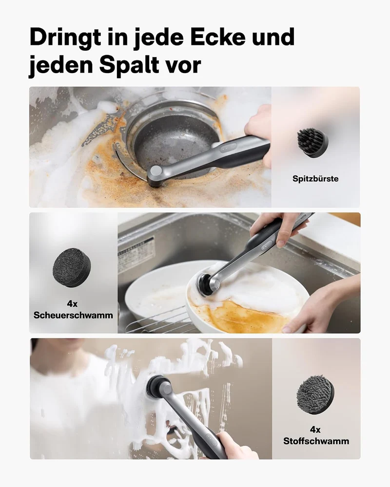 Elektrische Reinigungsbürste Wand, USB-C Kabellose Fugenbürste, IPX7 | 12 Reinigungsköpfen, Bad Putzbürste Elektrisch für Fugen, Ecken, Fußboden, Fliesen, Küche, 3D Druck Reinigung, Bad