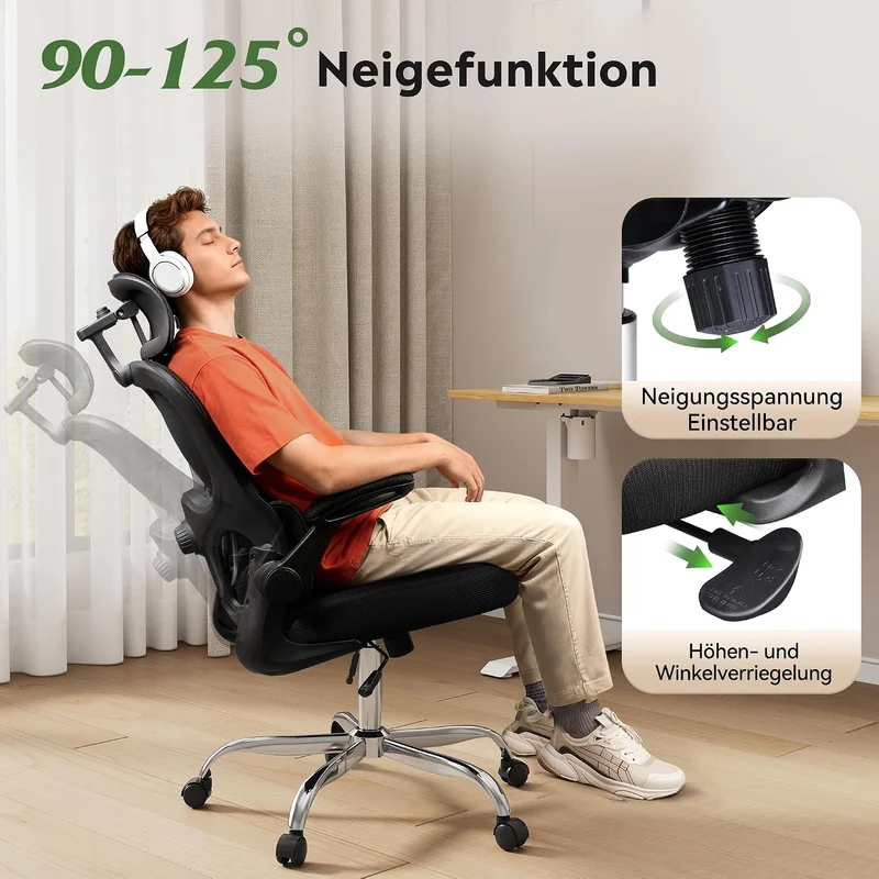 Ergonomischer Bürostuhl mit Kopfstütze schwarz, Premium