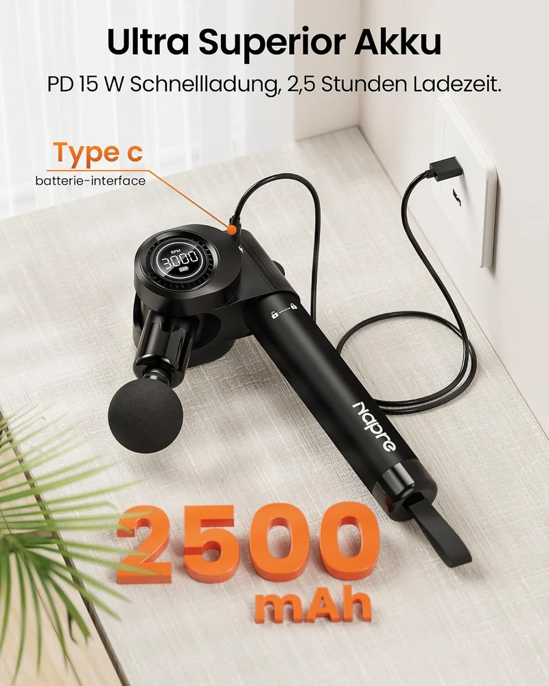 Massagepistole,Napre Faltbare Massage Pistole Massage Gun mit Verlängerungsgriff und Einstellbaren Winkeln,Muskel Percussion Massagegerät für Schulter Körper Rücken,32 Geschwindigkeiten,6 Aufsätze