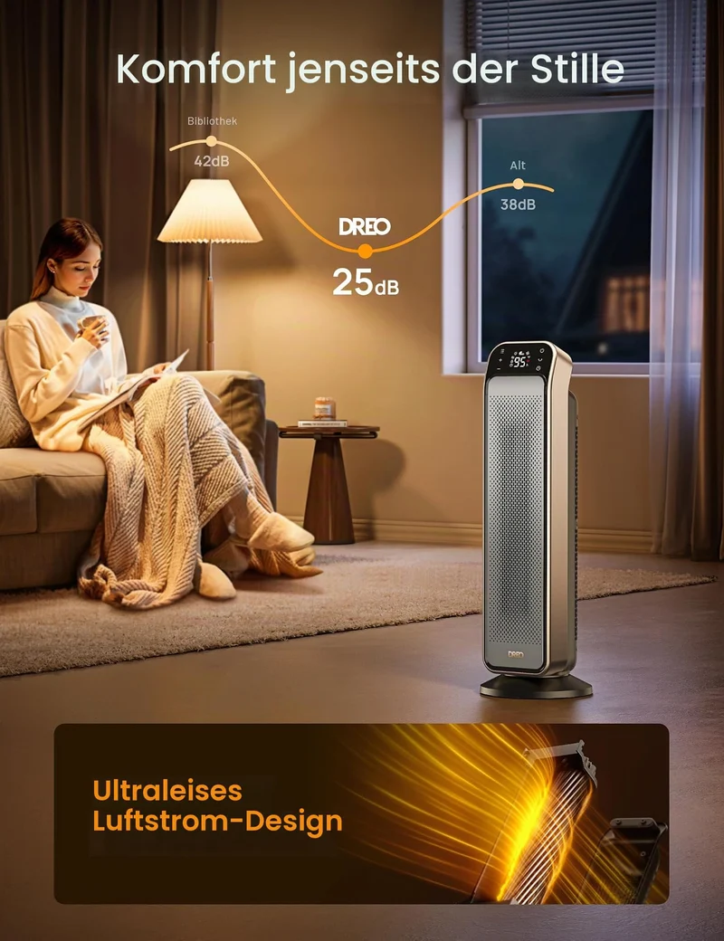 Heizlüfter Energiesparend Leise, 25 Zoll Keramik Heizung Elektrisch mit Fernbedienung und Thermostat, 2000W Elektroheizung, 3 Modus, 12-Std-Timer, Überhitzungs-Kippschutz, Solaris Max