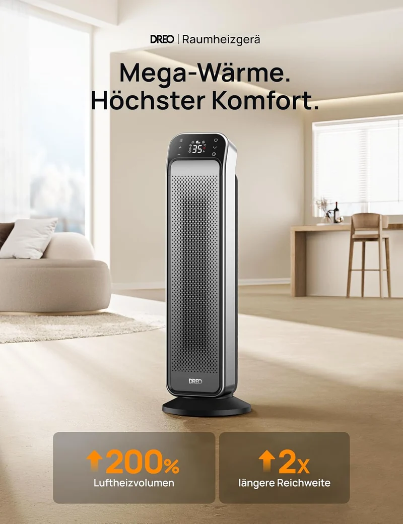 Heizlüfter Energiesparend Leise, 25 Zoll Keramik Heizung Elektrisch mit Fernbedienung und Thermostat, 2000W Elektroheizung, 3 Modus, 12-Std-Timer, Überhitzungs-Kippschutz, Solaris Max