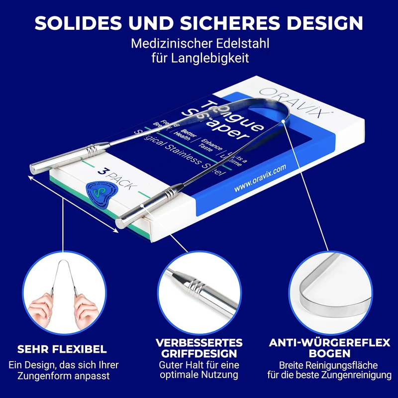 Zungenschaber Edelstahl | Dreier-Pack | Zungenreiniger | Für einen frischen Atem und eine bessere Mundgesundheit | Zungenreiniger Edelstahl | Zungenreiniger für Kinder und Erwachsene | ORAVIX