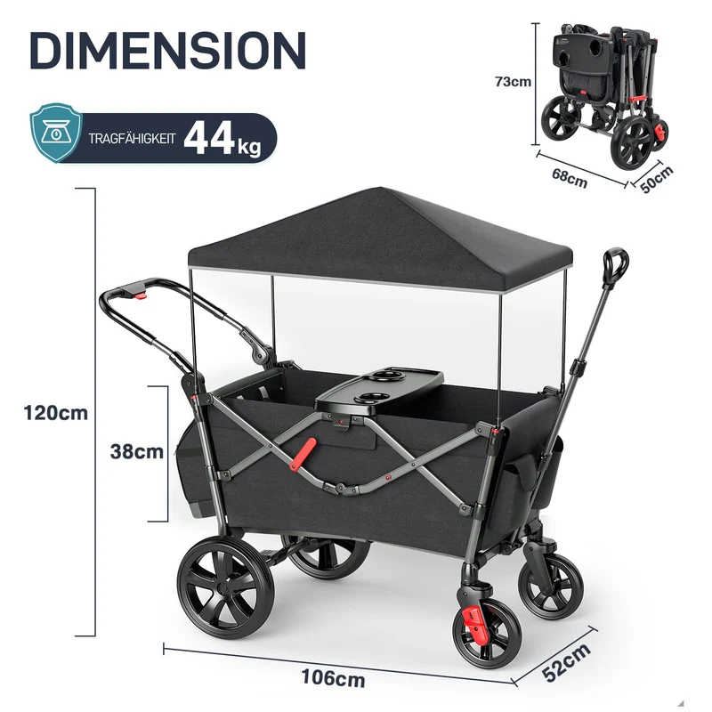 Bollerwagen für 2 Kinder Faltbar mit Dach, Kinderwagen 2x5 Punkt Sicherheitsgurt mit Wickelrucksack, Bollerwagen mit Sitz, Handwagen Transportwagen, Ziehen & Schieben, Fußbremse