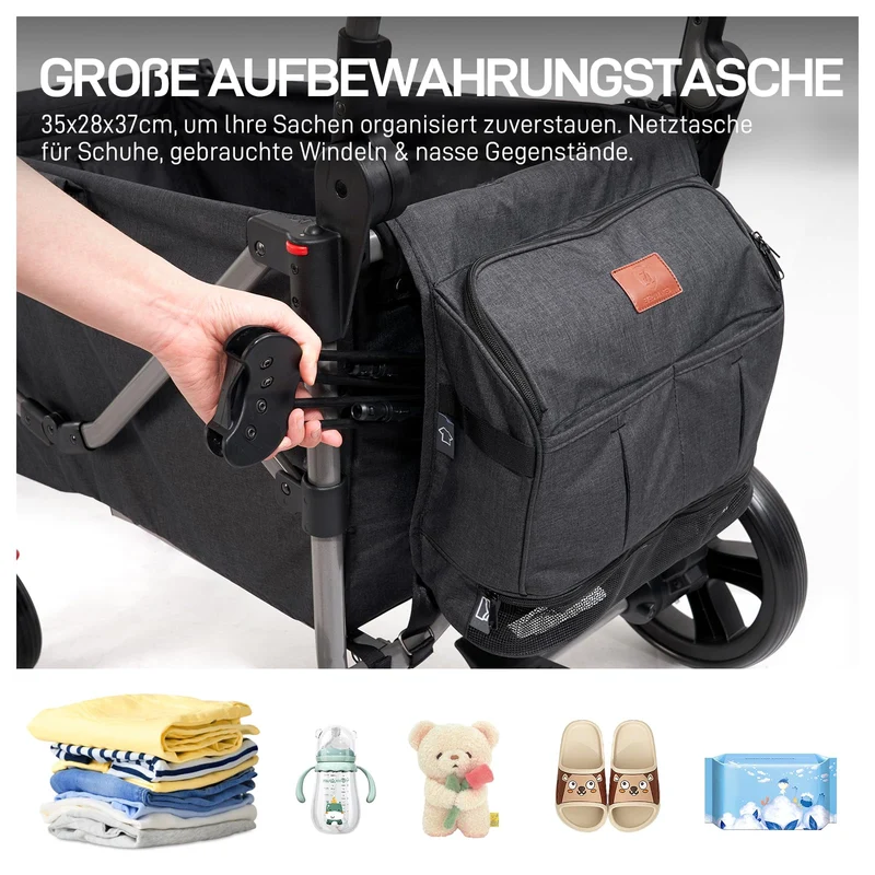 Bollerwagen für 2 Kinder Faltbar mit Dach, Kinderwagen 2x5 Punkt Sicherheitsgurt mit Wickelrucksack, Bollerwagen mit Sitz, Handwagen Transportwagen, Ziehen & Schieben, Fußbremse
