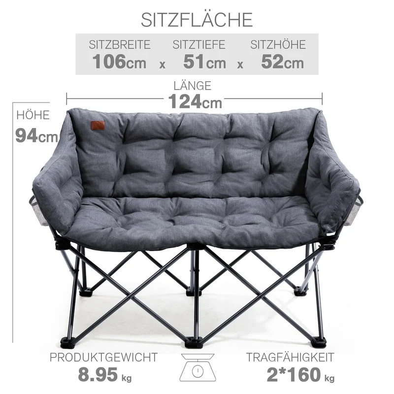 Campingstuhl Faltbar 124CM Breit Campingsofa für 2 Personen Faltsofa 320KG Belastbar, Campingcouch Dick Gepolstert Klappstuhl XXL 2 Sitzer Hohe Lehne für Outdoor Garten Balkon Indoor