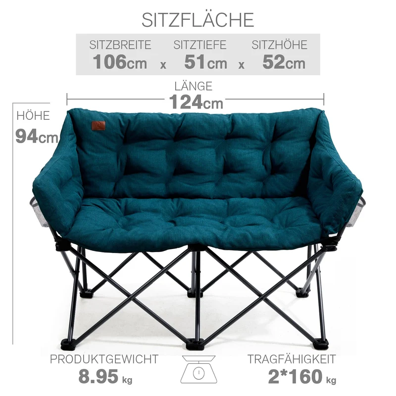 Campingstuhl Faltbar 124CM Breit Campingsofa für 2 Personen Faltsofa 320KG Belastbar, Campingcouch Dick Gepolstert Klappstuhl XXL 2 Sitzer Hohe Lehne für Outdoor Garten Balkon Indoor