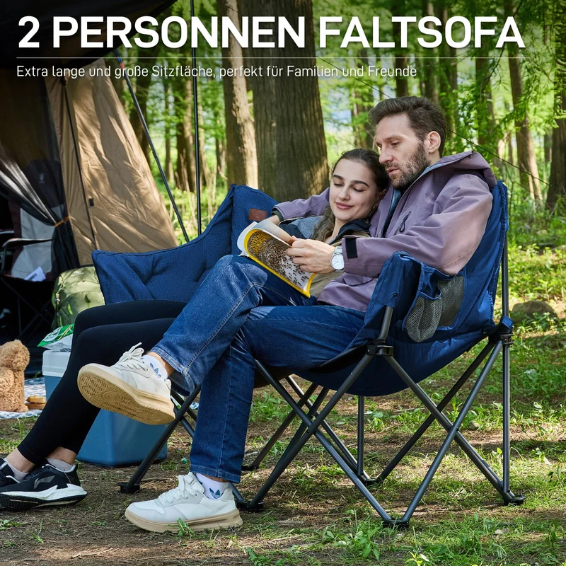 Campingstuhl Faltbar 124CM Breit Campingsofa für 2 Personen Faltsofa 320KG Belastbar, Campingcouch Dick Gepolstert Klappstuhl XXL 2 Sitzer Hohe Lehne für Outdoor Garten Balkon Indoor