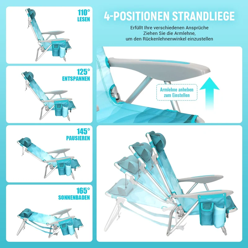 Strandstuhl klappbar Alu Hochlehner Klappstuhl 4 Position Leicht tragbar stabiler Campingstuhl