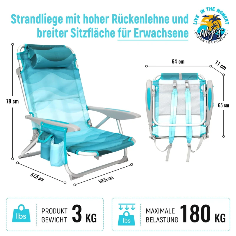 Strandstuhl klappbar Alu Hochlehner Klappstuhl 4 Position Leicht tragbar stabiler Campingstuhl