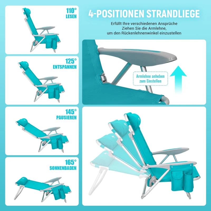 Strandstuhl klappbar Alu Hochlehner Klappstuhl 4 Position Leicht tragbar stabiler Campingstuhl