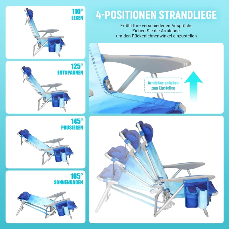 Strandstuhl klappbar Alu Hochlehner Klappstuhl 4 Position Leicht tragbar stabiler Campingstuhl
