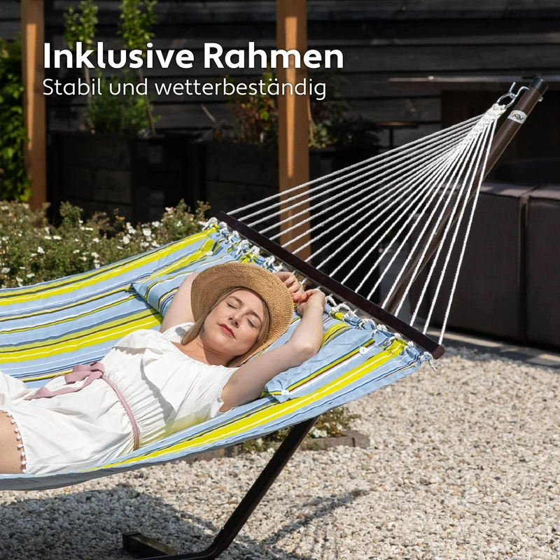 Hängematte mit Gestell und Tisch - Hängematte Outdoor für den Garten, Pool & Balkon - Großzügige Hängematten 2 Personen - Doppelhängematte mit Ständer und Beistelltisch - 200 kg Belastbarkeit
