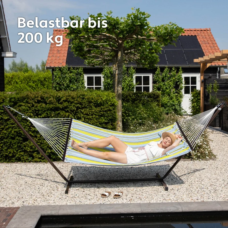 Hängematte mit Gestell und Tisch - Hängematte Outdoor für den Garten, Pool & Balkon - Großzügige Hängematten 2 Personen - Doppelhängematte mit Ständer und Beistelltisch - 200 kg Belastbarkeit