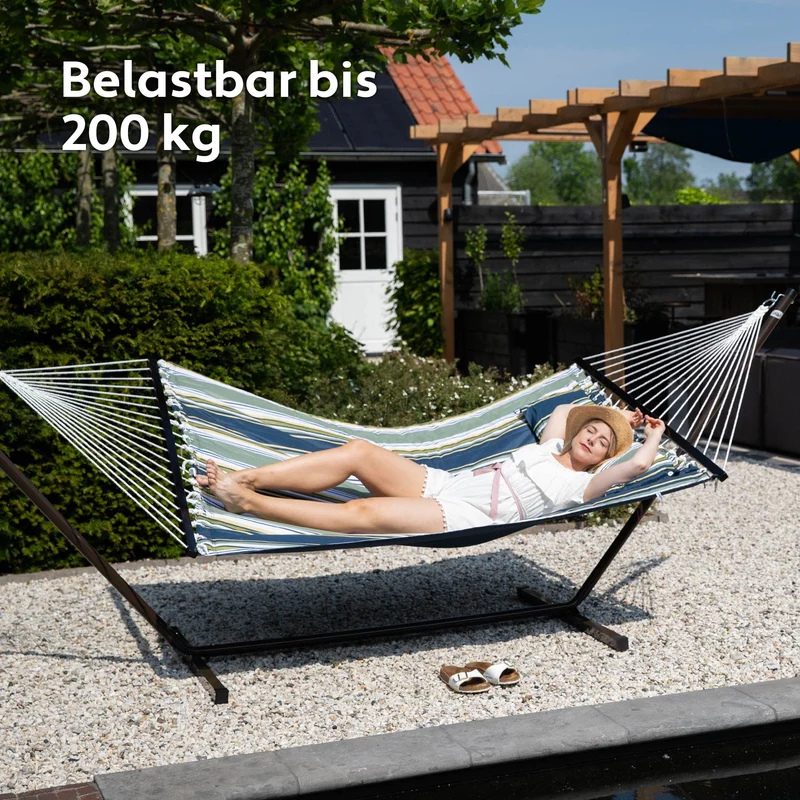 Hängematte mit Gestell und Tisch - Hängematte Outdoor für den Garten, Pool & Balkon - Großzügige Hängematten 2 Personen - Doppelhängematte mit Ständer und Beistelltisch - 200 kg Belastbarkeit