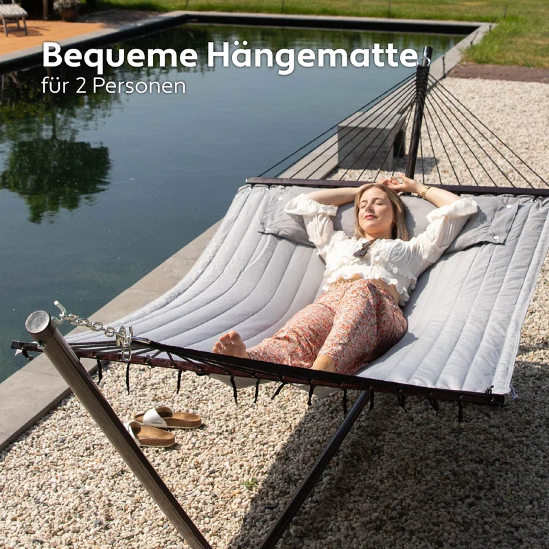 Hängematte mit Gestell und Tisch - Hängematte Outdoor für den Garten, Pool & Balkon - Großzügige Hängematten 2 Personen - Doppelhängematte mit Ständer und Beistelltisch - 200 kg Belastbarkeit