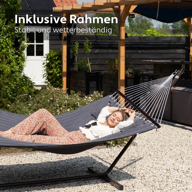 Hängematte mit Gestell und Tisch - Hängematte Outdoor für den Garten, Pool & Balkon - Großzügige Hängematten 2 Personen - Doppelhängematte mit Ständer und Beistelltisch - 200 kg Belastbarkeit