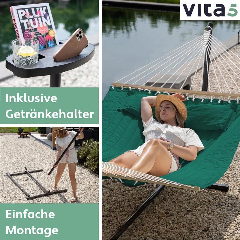 Hängematte mit Gestell und Tisch - Hängematte Outdoor für den Garten, Pool & Balkon - Großzügige Hängematten 2 Personen - Doppelhängematte mit Ständer und Beistelltisch - 200 kg Belastbarkeit