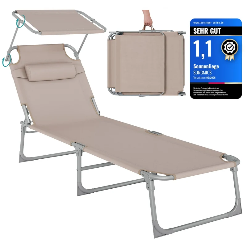 Sonnenliege, klappbarer Liegestuhl, 193 x 53 x 29 cm, trägt bis zu 150 kg, Sonnenschutz, Kopfkissen, verstellbare Rückenlehne, für Garten, Pool, Terrasse