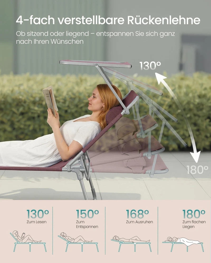 Sonnenliege, klappbarer Liegestuhl, 193 x 53 x 29 cm, trägt bis zu 150 kg, Sonnenschutz, Kopfkissen, verstellbare Rückenlehne, für Garten, Pool, Terrasse