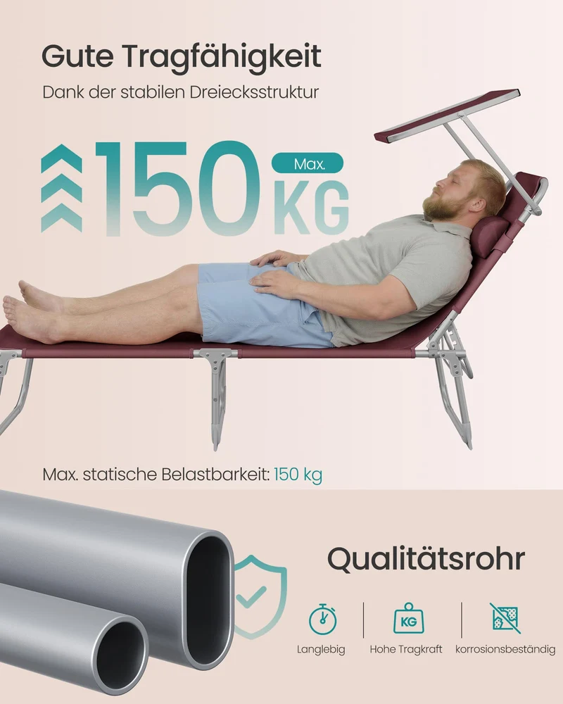 Sonnenliege, klappbarer Liegestuhl, 193 x 53 x 29 cm, trägt bis zu 150 kg, Sonnenschutz, Kopfkissen, verstellbare Rückenlehne, für Garten, Pool, Terrasse