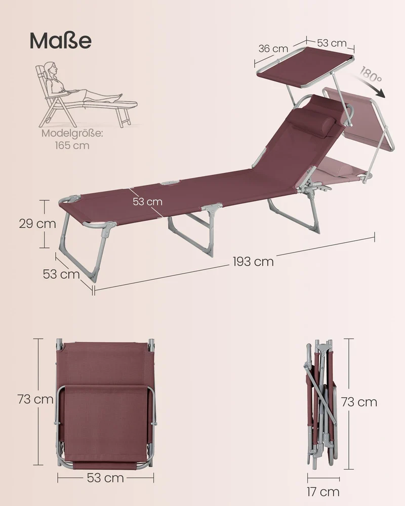 Sonnenliege, klappbarer Liegestuhl, 193 x 53 x 29 cm, trägt bis zu 150 kg, Sonnenschutz, Kopfkissen, verstellbare Rückenlehne, für Garten, Pool, Terrasse