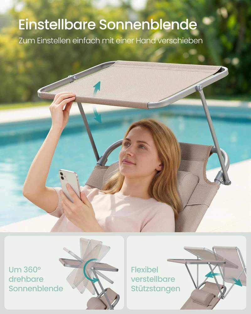 Sonnenliege, klappbarer Liegestuhl, 193 x 53 x 29 cm, trägt bis zu 150 kg, Sonnenschutz, Kopfkissen, verstellbare Rückenlehne, für Garten, Pool, Terrasse