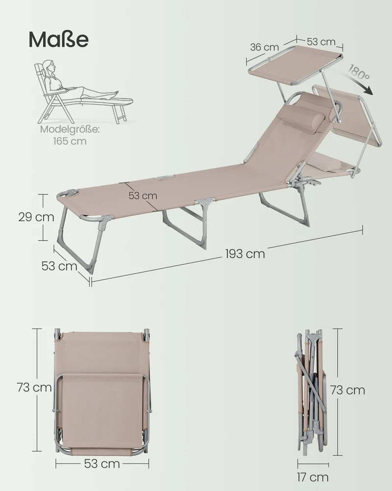 Sonnenliege, klappbarer Liegestuhl, 193 x 53 x 29 cm, trägt bis zu 150 kg, Sonnenschutz, Kopfkissen, verstellbare Rückenlehne, für Garten, Pool, Terrasse