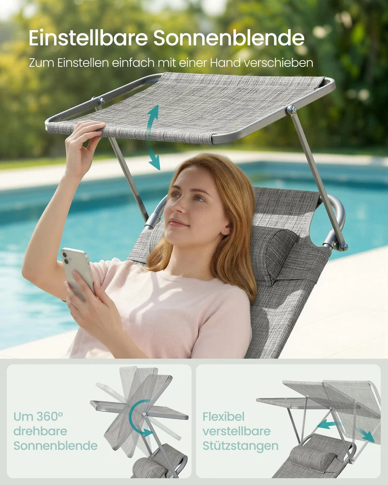 Sonnenliege, klappbarer Liegestuhl, 193 x 53 x 29 cm, trägt bis zu 150 kg, Sonnenschutz, Kopfkissen, verstellbare Rückenlehne, für Garten, Pool, Terrasse