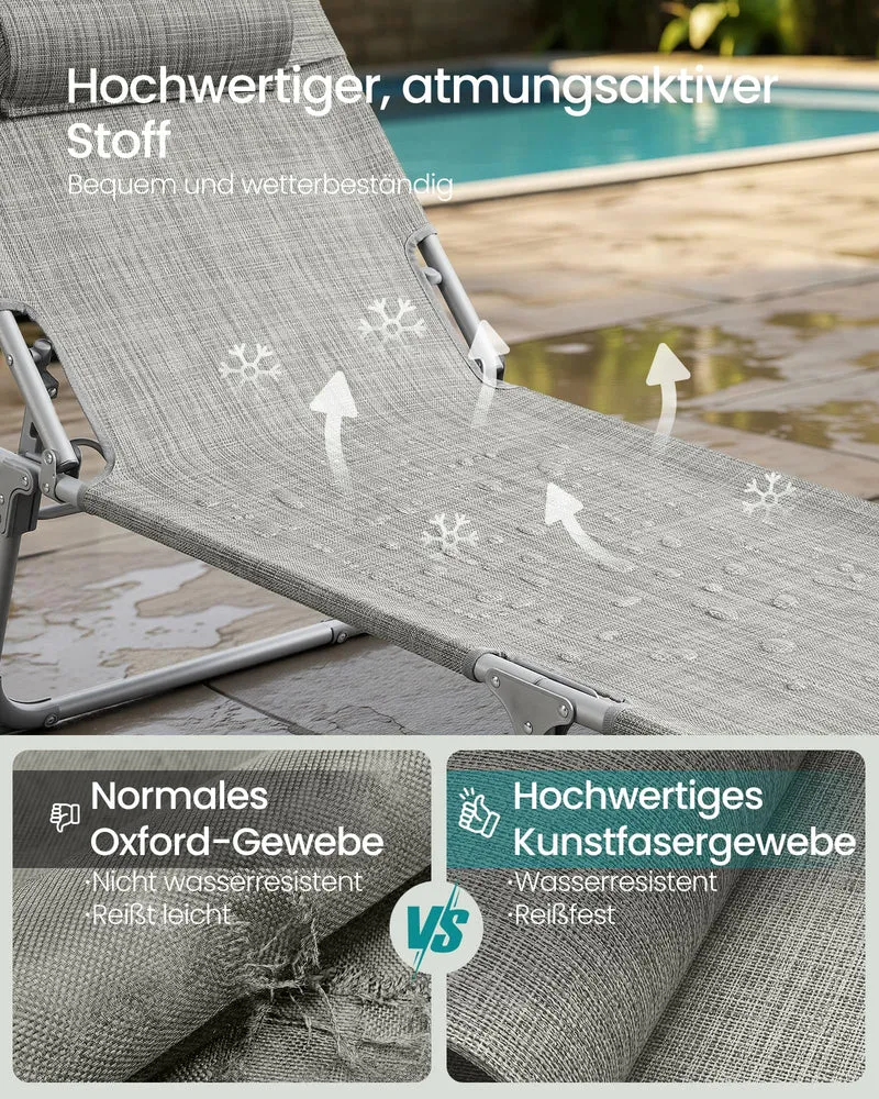 Sonnenliege, klappbarer Liegestuhl, 193 x 53 x 29 cm, trägt bis zu 150 kg, Sonnenschutz, Kopfkissen, verstellbare Rückenlehne, für Garten, Pool, Terrasse