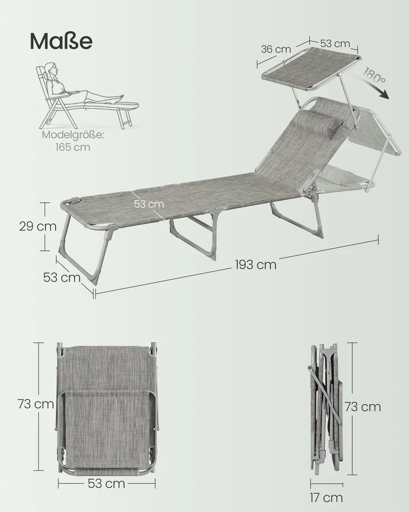 Sonnenliege, klappbarer Liegestuhl, 193 x 53 x 29 cm, trägt bis zu 150 kg, Sonnenschutz, Kopfkissen, verstellbare Rückenlehne, für Garten, Pool, Terrasse