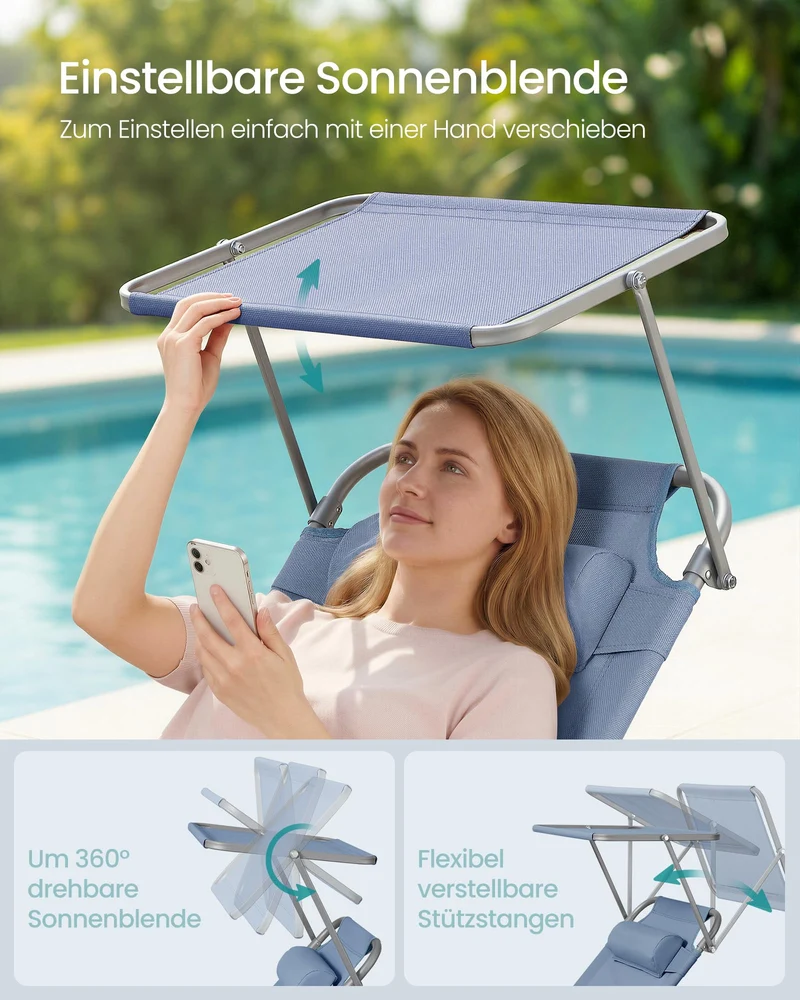Sonnenliege, klappbarer Liegestuhl, 193 x 53 x 29 cm, trägt bis zu 150 kg, Sonnenschutz, Kopfkissen, verstellbare Rückenlehne, für Garten, Pool, Terrasse