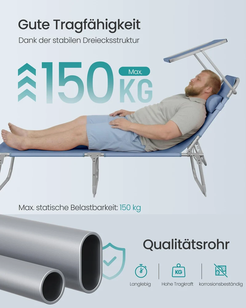 Sonnenliege, klappbarer Liegestuhl, 193 x 53 x 29 cm, trägt bis zu 150 kg, Sonnenschutz, Kopfkissen, verstellbare Rückenlehne, für Garten, Pool, Terrasse