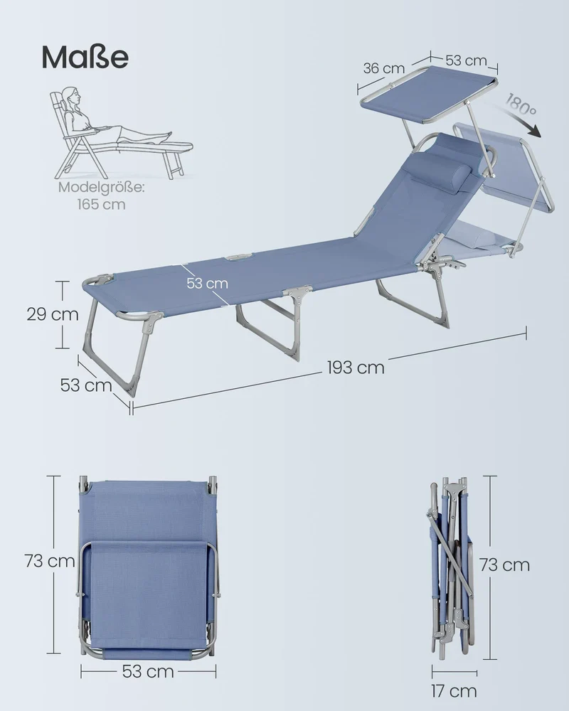 Sonnenliege, klappbarer Liegestuhl, 193 x 53 x 29 cm, trägt bis zu 150 kg, Sonnenschutz, Kopfkissen, verstellbare Rückenlehne, für Garten, Pool, Terrasse