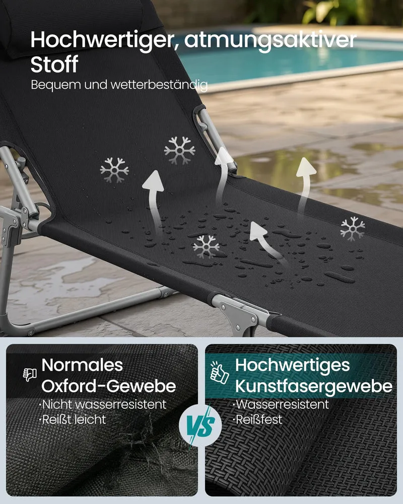 Sonnenliege, klappbarer Liegestuhl, 193 x 53 x 29 cm, trägt bis zu 150 kg, Sonnenschutz, Kopfkissen, verstellbare Rückenlehne, für Garten, Pool, Terrasse