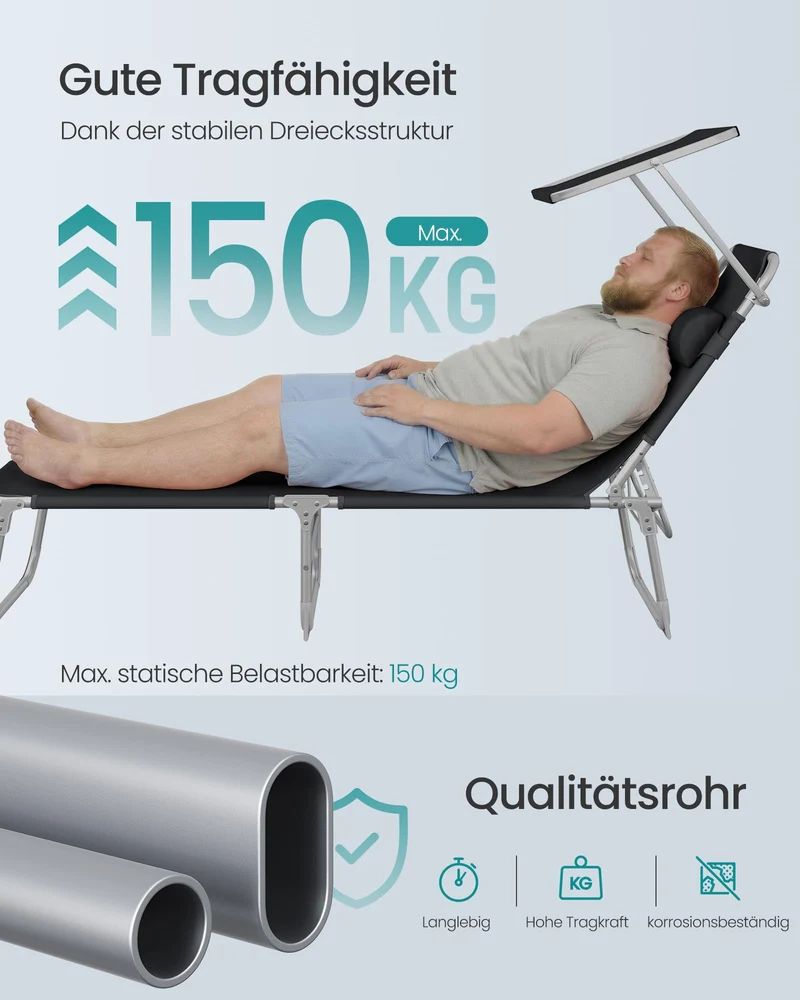 Sonnenliege, klappbarer Liegestuhl, 193 x 53 x 29 cm, trägt bis zu 150 kg, Sonnenschutz, Kopfkissen, verstellbare Rückenlehne, für Garten, Pool, Terrasse