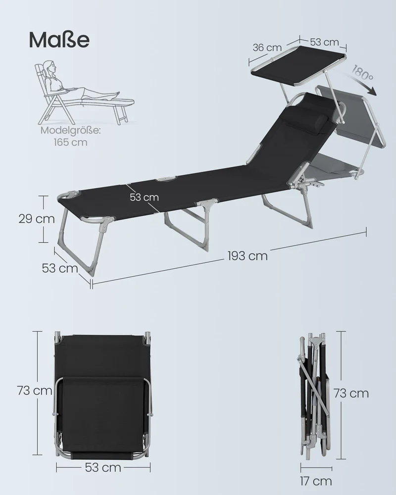 Sonnenliege, klappbarer Liegestuhl, 193 x 53 x 29 cm, trägt bis zu 150 kg, Sonnenschutz, Kopfkissen, verstellbare Rückenlehne, für Garten, Pool, Terrasse