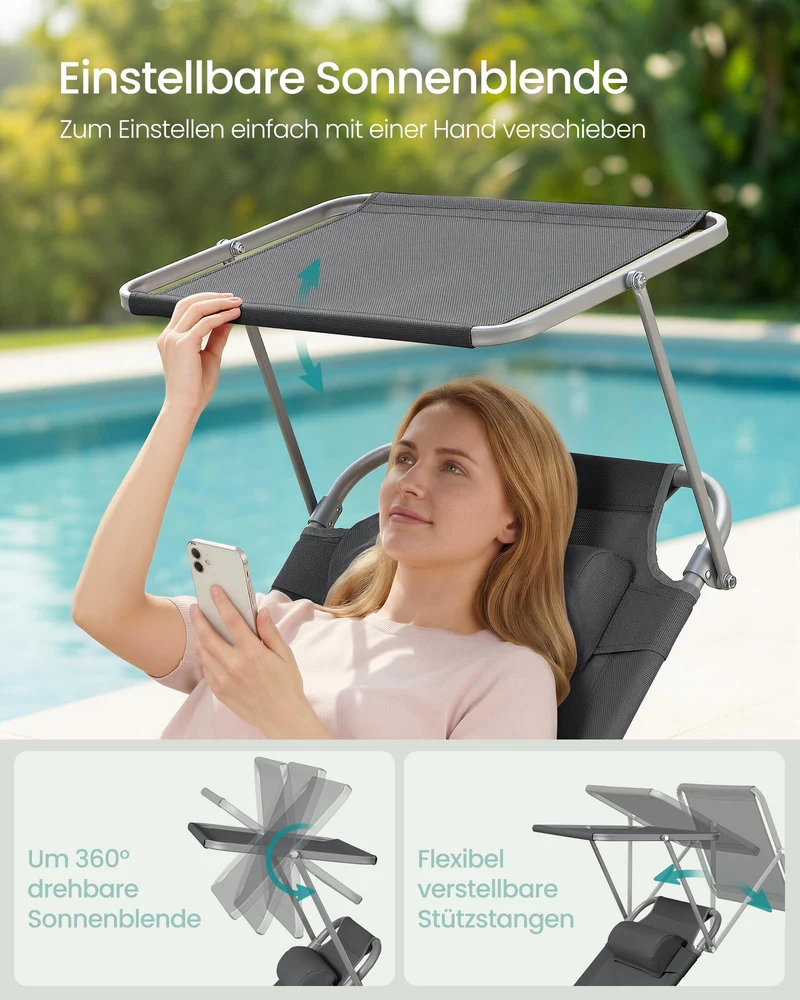 Sonnenliege, klappbarer Liegestuhl, 193 x 53 x 29 cm, trägt bis zu 150 kg, Sonnenschutz, Kopfkissen, verstellbare Rückenlehne, für Garten, Pool, Terrasse