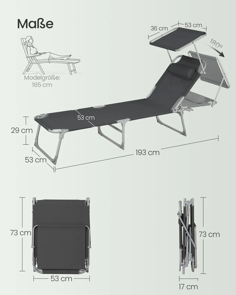 Sonnenliege, klappbarer Liegestuhl, 193 x 53 x 29 cm, trägt bis zu 150 kg, Sonnenschutz, Kopfkissen, verstellbare Rückenlehne, für Garten, Pool, Terrasse