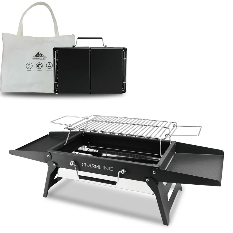 Tragbarer Holzkohlegrill, Klappbarer Campinggrill 35 x 23 cm für 1–3 Personen, Mini BBQ Grill für Balkon, Garten, Camping, Picknick und Strand