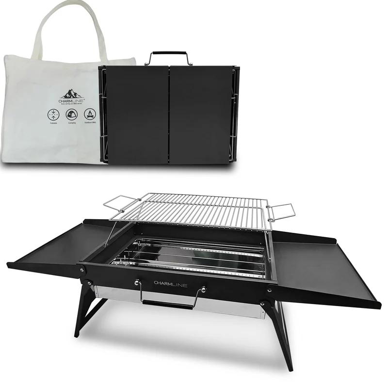 Tragbarer Holzkohlegrill, Klappbarer Campinggrill 35 x 23 cm für 1–3 Personen, Mini BBQ Grill für Balkon, Garten, Camping, Picknick und Strand