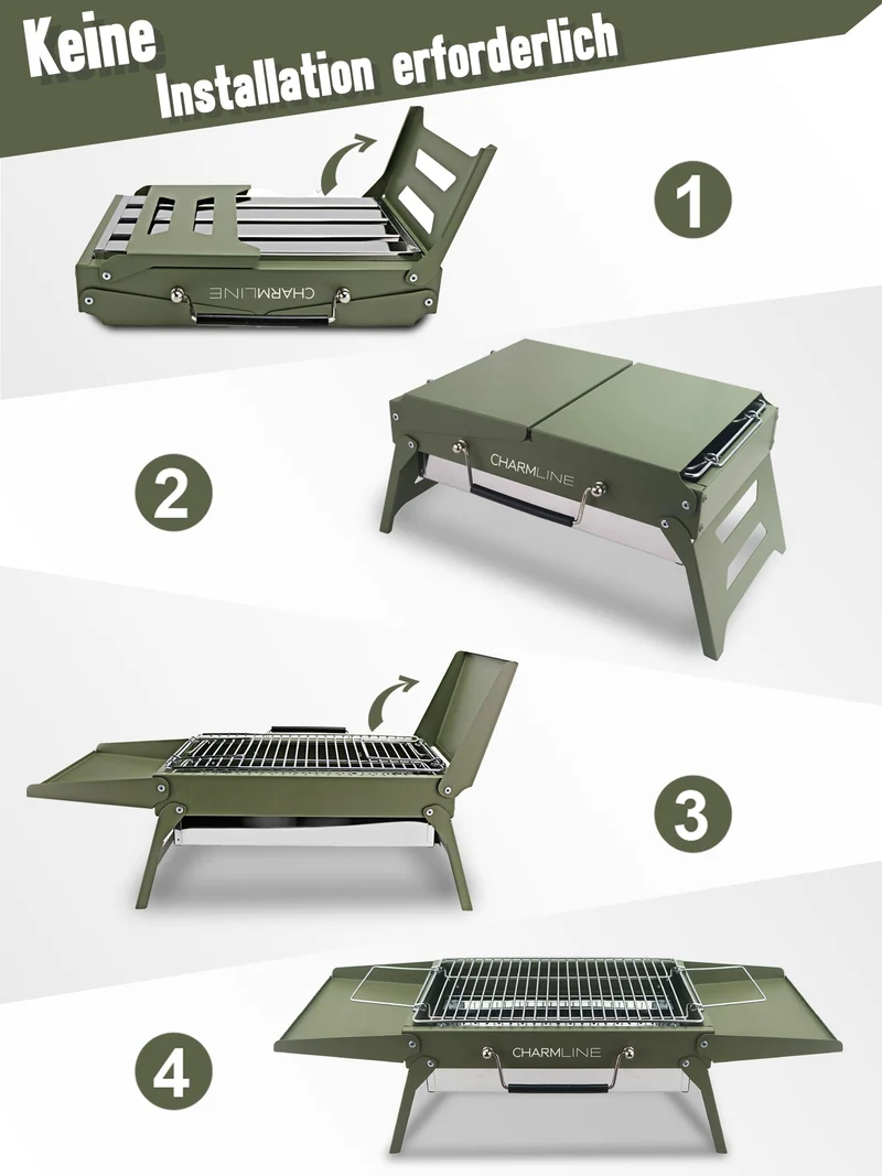Tragbarer Holzkohlegrill, Klappbarer Campinggrill 35 x 23 cm für 1–3 Personen, Mini BBQ Grill für Balkon, Garten, Camping, Picknick und Strand