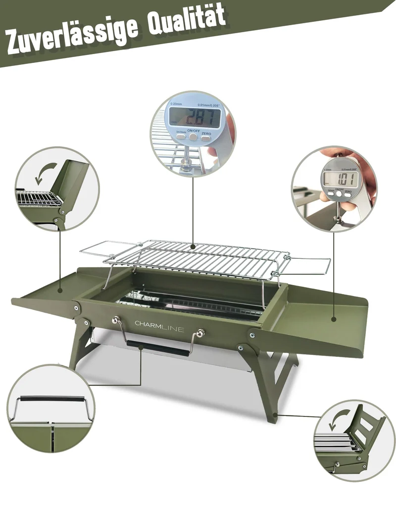 Tragbarer Holzkohlegrill, Klappbarer Campinggrill 35 x 23 cm für 1–3 Personen, Mini BBQ Grill für Balkon, Garten, Camping, Picknick und Strand